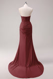 Fuchsia Mermaid Strapless Ruched Corset Beaded Long Prom Dress With Slit