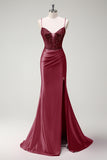 Sparkly Fuchsia Mermaid Beaded Corset Satin Long Prom Dress with Slit