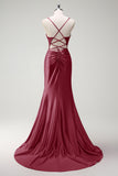 Sparkly Fuchsia Mermaid Beaded Corset Satin Long Prom Dress with Slit