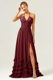 A Line Halter Lace Up Back Chiffon Long Bridesmaid Dress with Slit