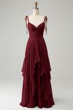 A Line Spaghetti Straps Chiffon Long Eucalyptus Bridesmaid Dress with Ruffles