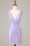 Chic Lilac Bodycon V Neck Sparkly Sequins Short Homecoming Dress