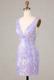 Chic Lilac Bodycon V Neck Sparkly Sequins Short Homecoming Dress