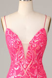 Chic Sparkly Hot Pink Sheath Spaghetti Straps Sequins Short Homecoming Dress