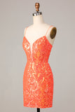 Sparkly Orange Bodycon Spaghetti Straps Sequins Short Homecoming Dress