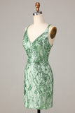 Sparkly Sheath V-Neck Green Sequins Backless Short Homecoming Dress