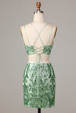 Ultimate Glow Green Two Piece Spaghetti Straps Sequins Short Homecoming Dress