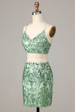 Ultimate Glow Green Two Piece Spaghetti Straps Sequins Short Homecoming Dress