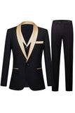 Men's Black and Champagne 3 Piece Shawl Lapel Wedding Suits