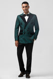 Men's Dark Green Peak Lapel 2 Piece Double Breasted Jacquard Prom Suits