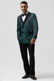 Men's Dark Green Peak Lapel 2 Piece Double Breasted Jacquard Prom Suits