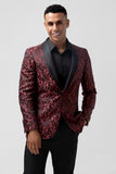 Men's Red Shawl Lapel One Button Jacquard 2 Piece Wedding Suits