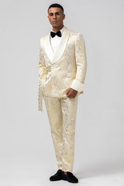 Men's Champagne Jacquard Shawl Lapel 2 Piece Single Breasted Prom Suits