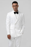 Men's White Notched Lapel Jacquard Double Breasted 2 Piece Prom Suits