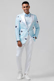 Men's Light Blue Floral Peak Lapel  One Button 2 Piece Wedding Suits