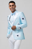 Men's Light Blue Floral Peak Lapel  One Button 2 Piece Wedding Suits