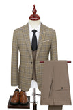 Men's Khaki Silm Fit Plaid 3 Piece Notched Lapel One Button Wedding Guest Suits