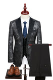 Men's Black Blue Silm Fit Jacquard 3 Piece Peak Lapel One Button Wedding Suits