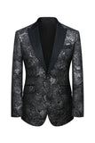 Men's Black Blue Silm Fit Jacquard 3 Piece Peak Lapel One Button Wedding Suits