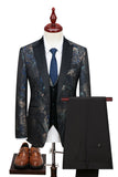 Men's Black Blue Silm Fit Jacquard 3 Piece Peak Lapel One Button Wedding Suits