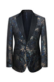 Men's Black Blue Silm Fit Jacquard 3 Piece Peak Lapel One Button Wedding Suits