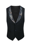 Men's Black Blue Silm Fit Jacquard 3 Piece Peak Lapel One Button Wedding Suits