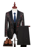 Men's Black Blue Silm Fit Jacquard 3 Piece Peak Lapel One Button Wedding Suits