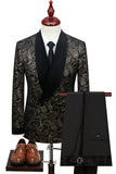 Black Golden Silm Fit Jacquard 2 Piece Shawl Lapel One Button Men's Prom Suits