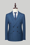 Men's Khaki Pinstriped Peak Lapel 2 Piece Silm Fit Double Breatsed Wedding Suits