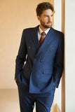 Men's Dark Blue Double Breasted Pinstripe 3 Piece Wedding Guest Suits