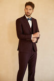 Men's Peak Lapel Single Button Burgundy Wedding Suit