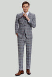 Men's Grey Plaid Wide Peak Lapel 3 Piece Single Breasted Wedding Guest Suits