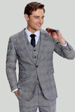 Men's Grey Plaid Wide Peak Lapel 3 Piece Single Breasted Wedding Guest Suits