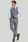 Men's Grey Plaid Wide Peak Lapel 3 Piece Single Breasted Wedding Guest Suits