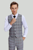 Men's Grey Plaid Wide Peak Lapel 3 Piece Single Breasted Wedding Guest Suits