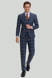 Men's Grey Blue 3 Piece Plaid Notched Lapel Prom Suits