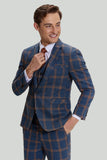 Men's Grey Blue 3 Piece Plaid Notched Lapel Prom Suits