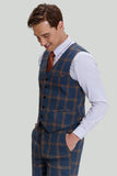 Men's Grey Blue 3 Piece Plaid Notched Lapel Prom Suits