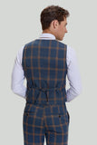 Men's Grey Blue 3 Piece Plaid Notched Lapel Prom Suits