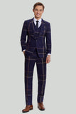 3 Piece One Button Navy Plaid Tuxedo Notched Lapel Men's Wedding Suit