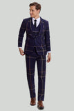 3 Piece One Button Navy Plaid Tuxedo Notched Lapel Men's Wedding Suit