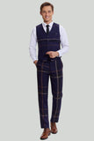 3 Piece One Button Navy Plaid Tuxedo Notched Lapel Men's Wedding Suit