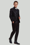 Black 3-piece Jacquard Notched Lapel Jacket Vest Pants Men's Wedding Suit