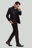 Black 3-piece Jacquard Notched Lapel Jacket Vest Pants Men's Wedding Suit