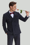 3 Piece Pinstripe Dark Grey Peak Lapel Men's Wedding Suit