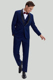 Men's Navy 3-piece One Button Slim Fit Shawl Lapel Party Suits