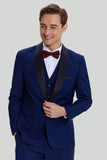 Men's Navy 3-piece One Button Slim Fit Shawl Lapel Party Suits