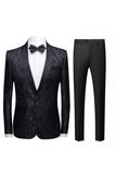 Men's Black Slim Fit Jacquard Shawl Lapel 2 Pieces Wedding Suits