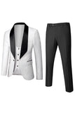 Men's White Slim Fit Jacquard 3 Pieces One Button Wedding Suits