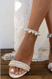 Bridal Sandals White PU Leather Chic Open Toe Pearl Wedding Sandals